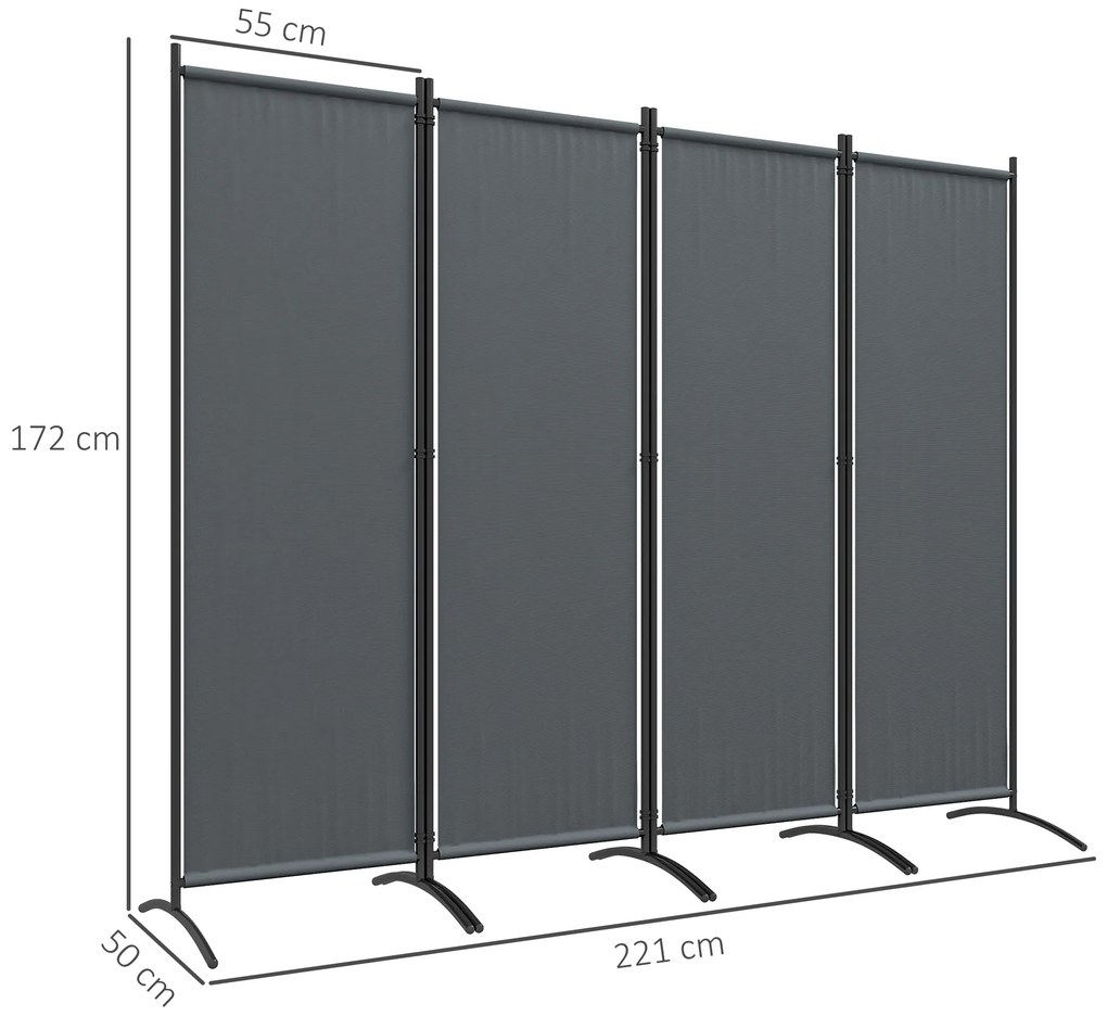 Biombo Separador de Ambientes de 4 Painéis Biombo Dobrável 221x172 cm com Pés Largos para Terraço Pátio Jardim Cinza Escuro