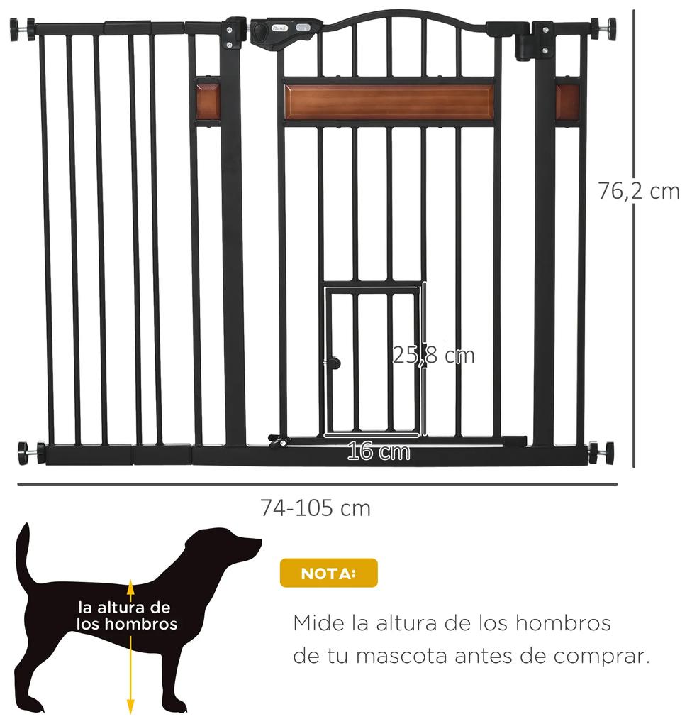 Barreira de Segurança para Cães Extensível para Portas Escadas 74-105cm com 2 Extensões de 10 e 15cm com 2 Portas e Fechadura Automática Aço Preto
