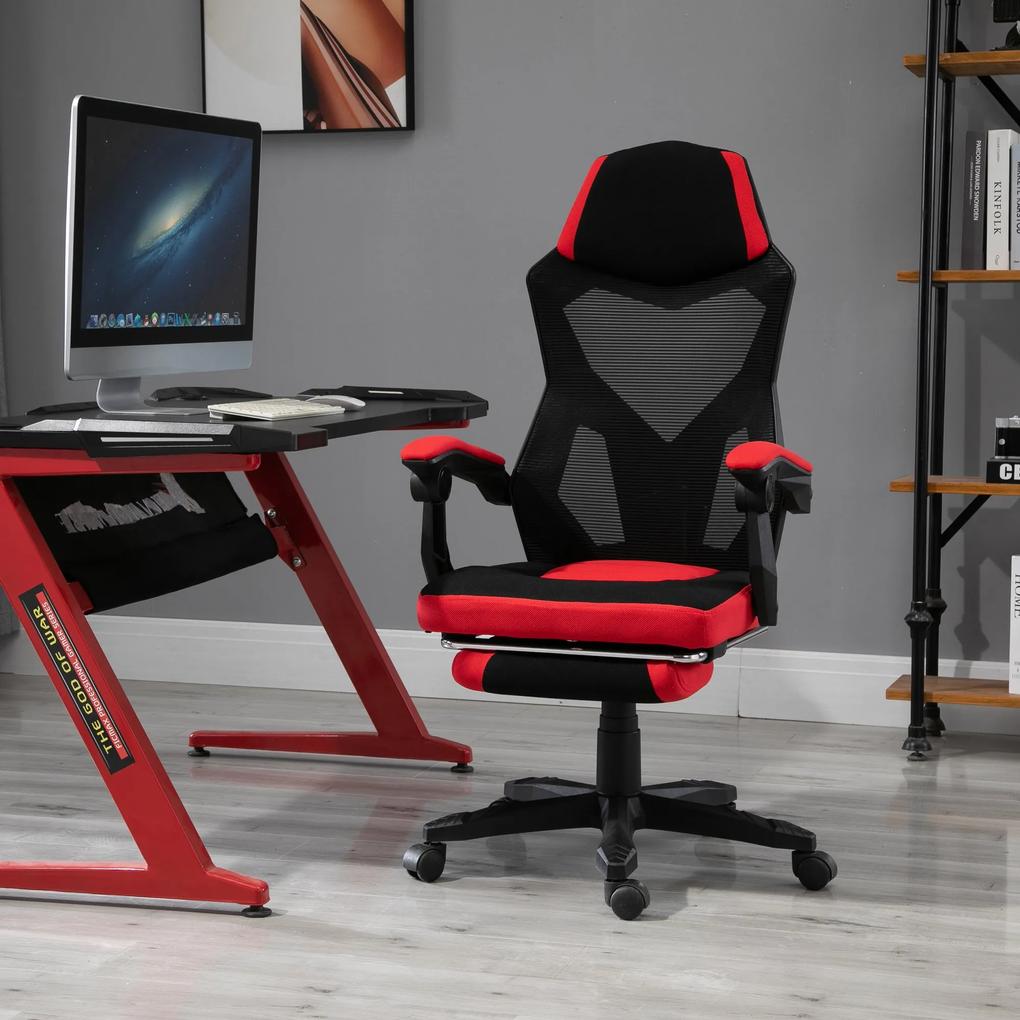 Vinsetto Cadeira de escritório ergonômica ajustável em altura giratória de 360 ​​° Reclinável até 135 graus comapoio de braços Apoio para os pés retrátil 58x72x108-118 cm Vermelho