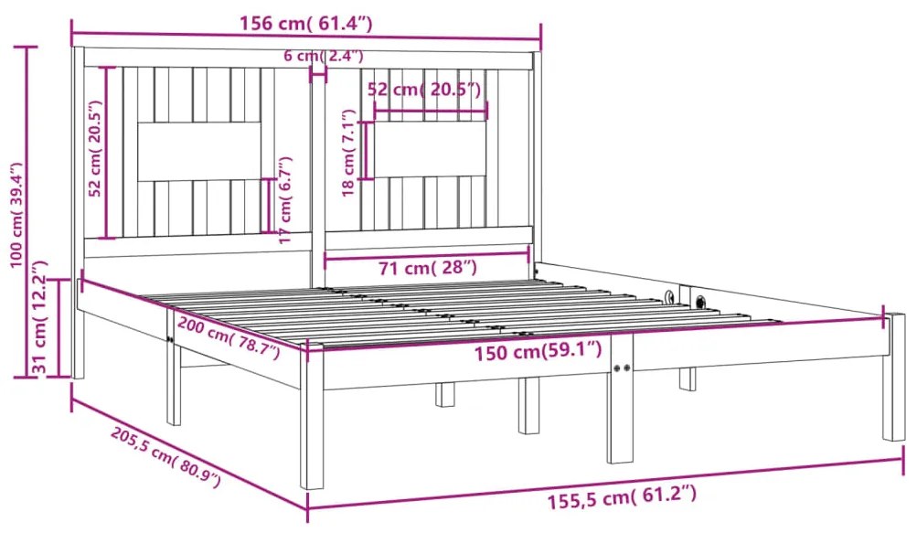 Estrutura de cama king 150x200 cm madeira maciça cinza