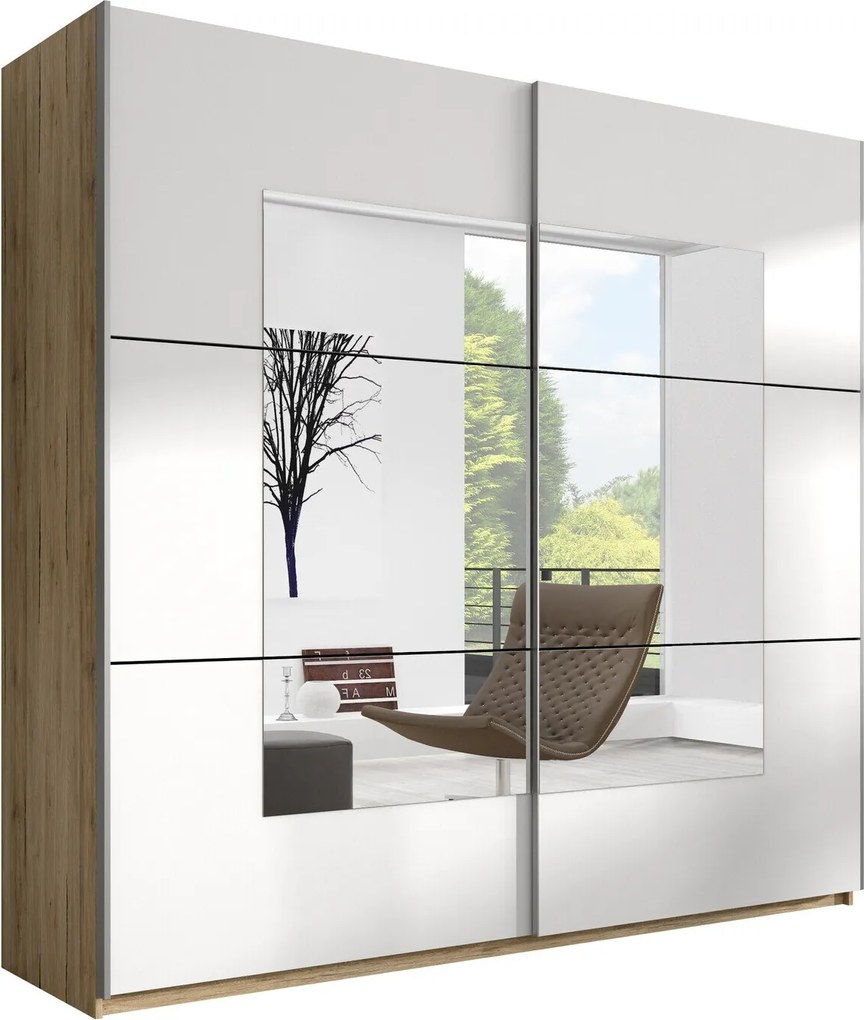 Roupeiro Melvele 102, Carvalho de san remo, Branco, 210x200x61cm, 176 kg, Portas para roupeiro: Deslizante, Número de prateleiras: 5, Número de prateleiras: 5