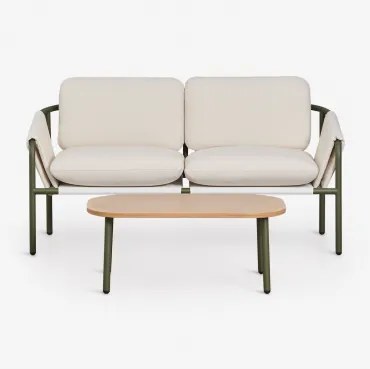 Conjunto De Jardim Com Sofá De 2 Lugares Estofado E Mesa De Centro Em Aço Zunika Verde Azeitona Intenso - Sklum