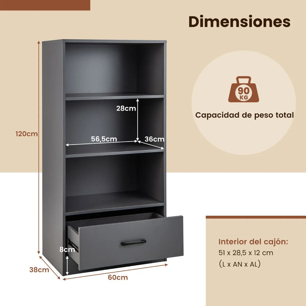 Estante de 4 níveis com gaveta para arrumação 60 x 38 x 120 cm Dispositivo anti-capotamento aberta independente para sala de estudo Cinzento