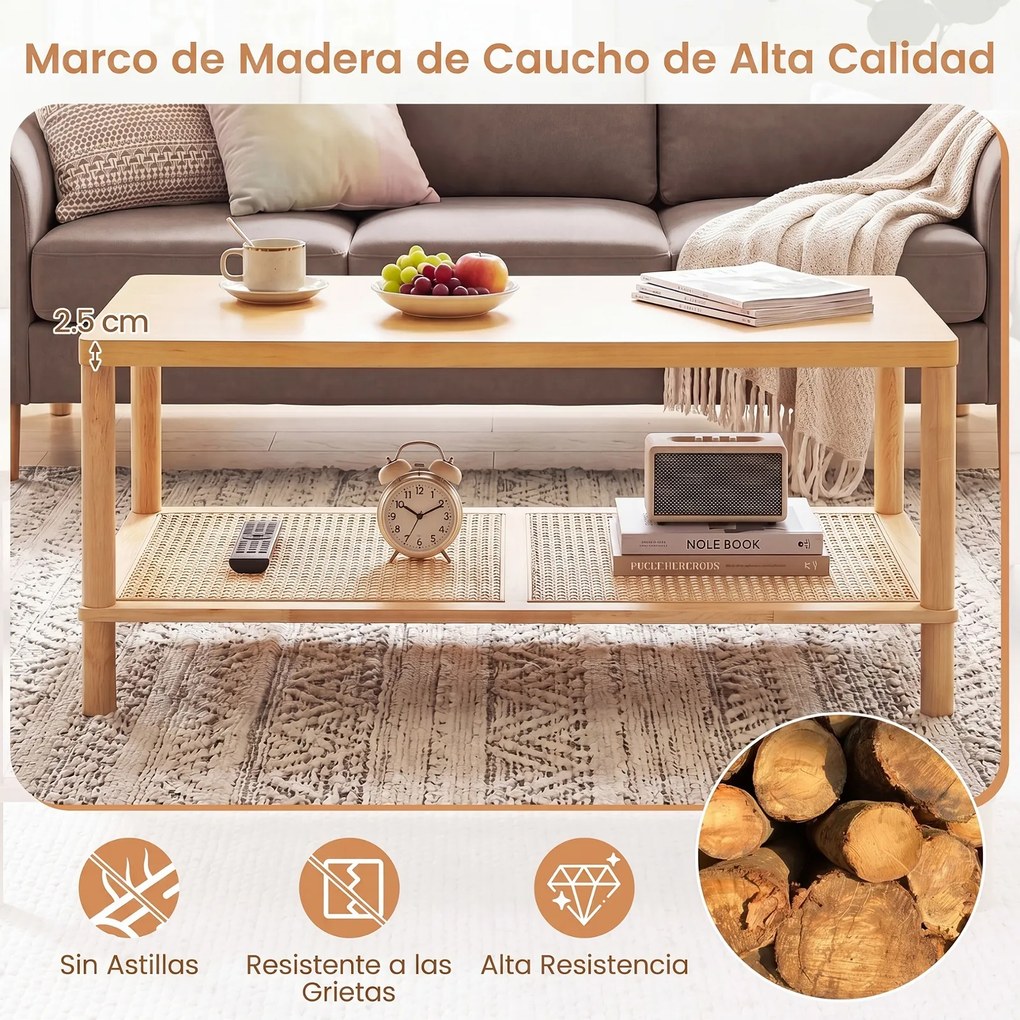 Mesa de Centro retangular, 100 x 52 x 45 cm, Dois Níveis de Arrumação, Natural