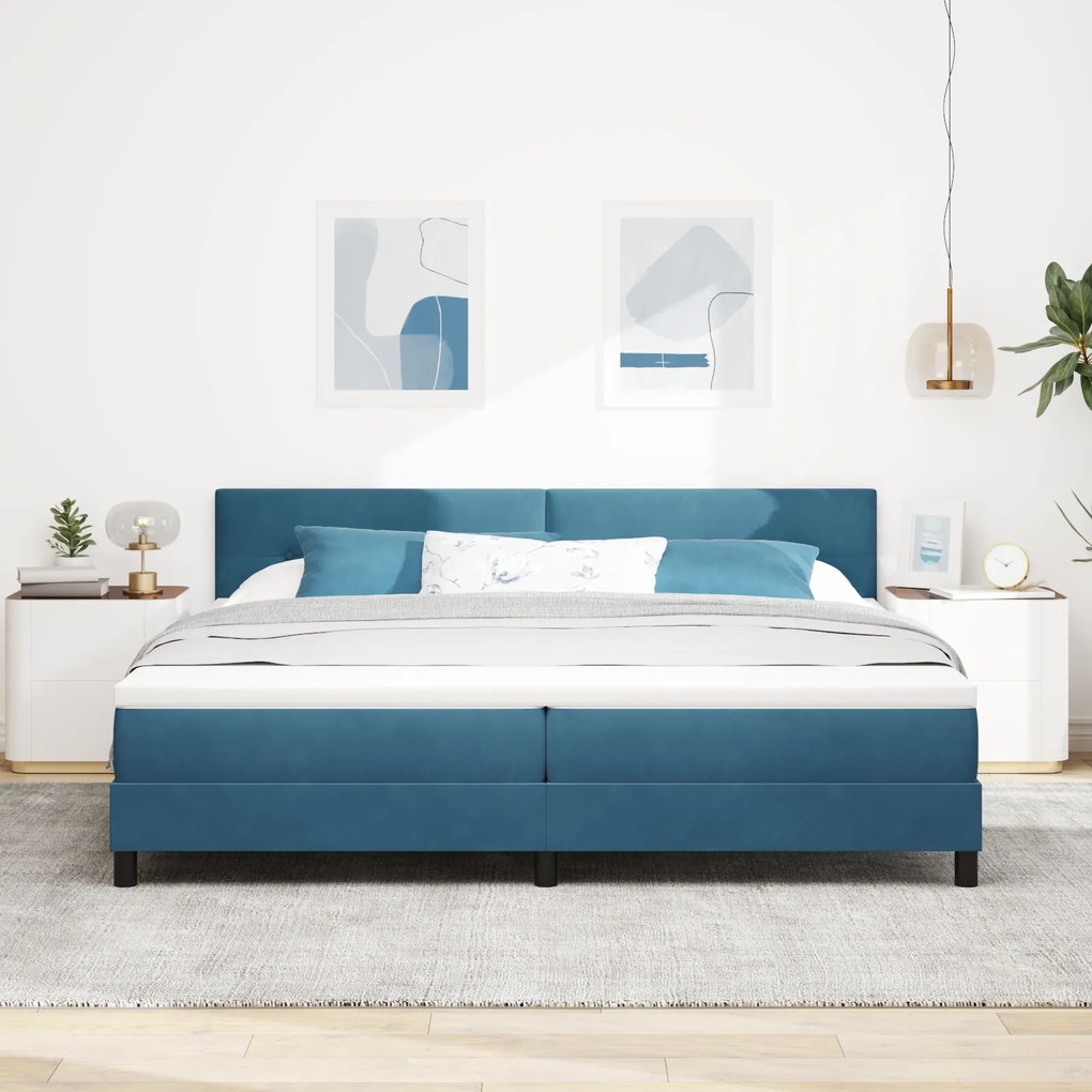 Cama Box Spring vidaXL com Colchão Azul Escuro 200x200 cm Veludo