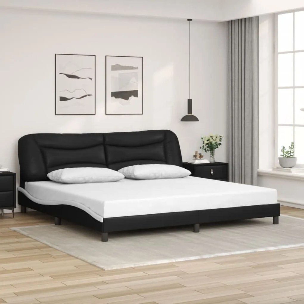 Estrutura de cama c/ cabeceira couro artificial preto e branco