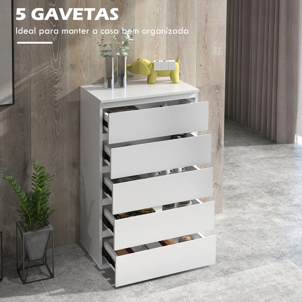 HOMCOM Cómoda com 5 Gavetas de Madeira Cómoda de Dormitório Cómoda Branca para Sala de Estar Estilo Moderno 53x33x100 cm Branco