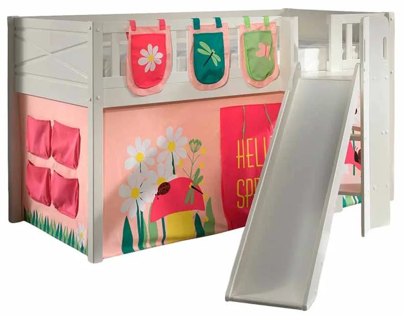 Conjunto cama Infantil SCOTT + escorrega + cortina de brincar SPRING + 3 bolsos de arrumação Branca