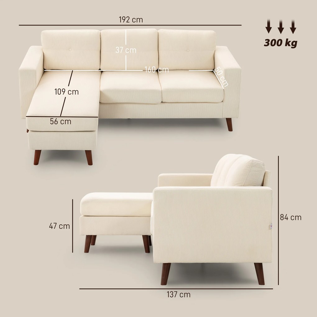 Sofá Chaise Longue Reversível de 3 Lugares Estofado em Veludo Estrutura de Aço Para Salas Pequenas Creme