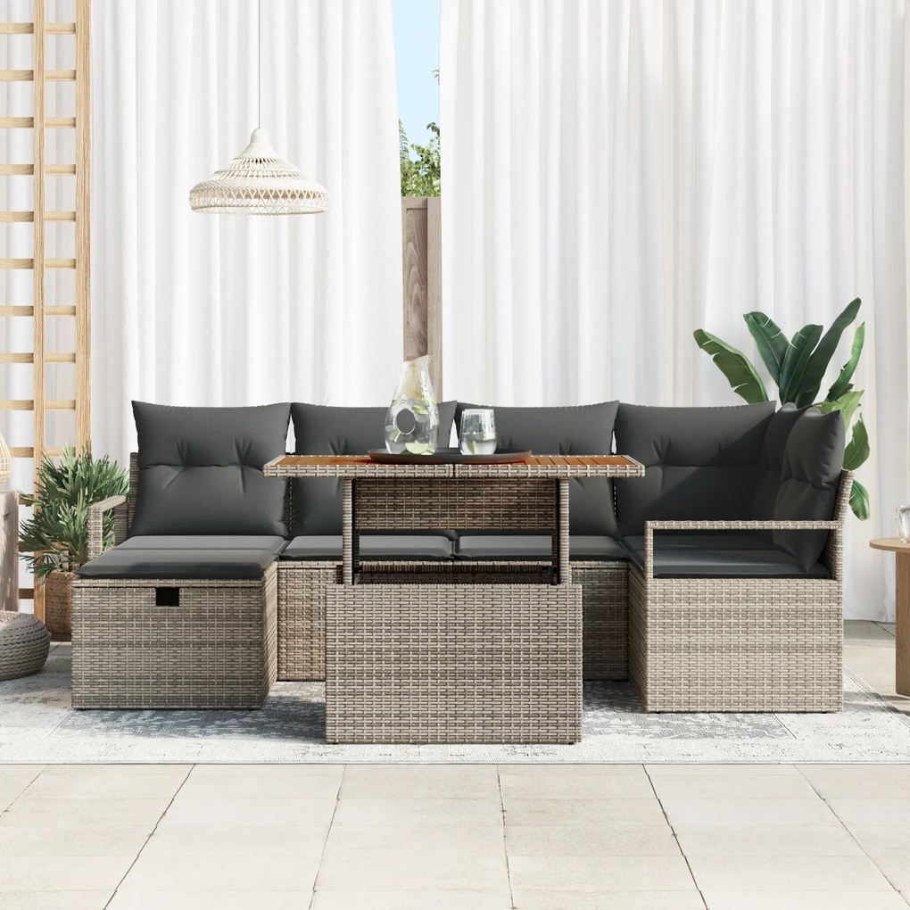 Conjunto de Sofá de Jardim vidaXL 7 Peças com Almofadas Cinza Poliratt