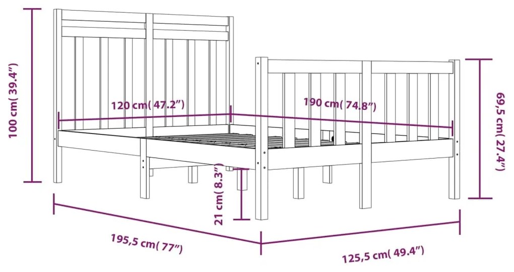 Estrutura de cama dupla pequena 4FT 120x190 cm madeira maciça