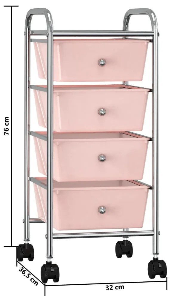 Carrinho de arrumação móvel com 4 gavetas plástico rosa