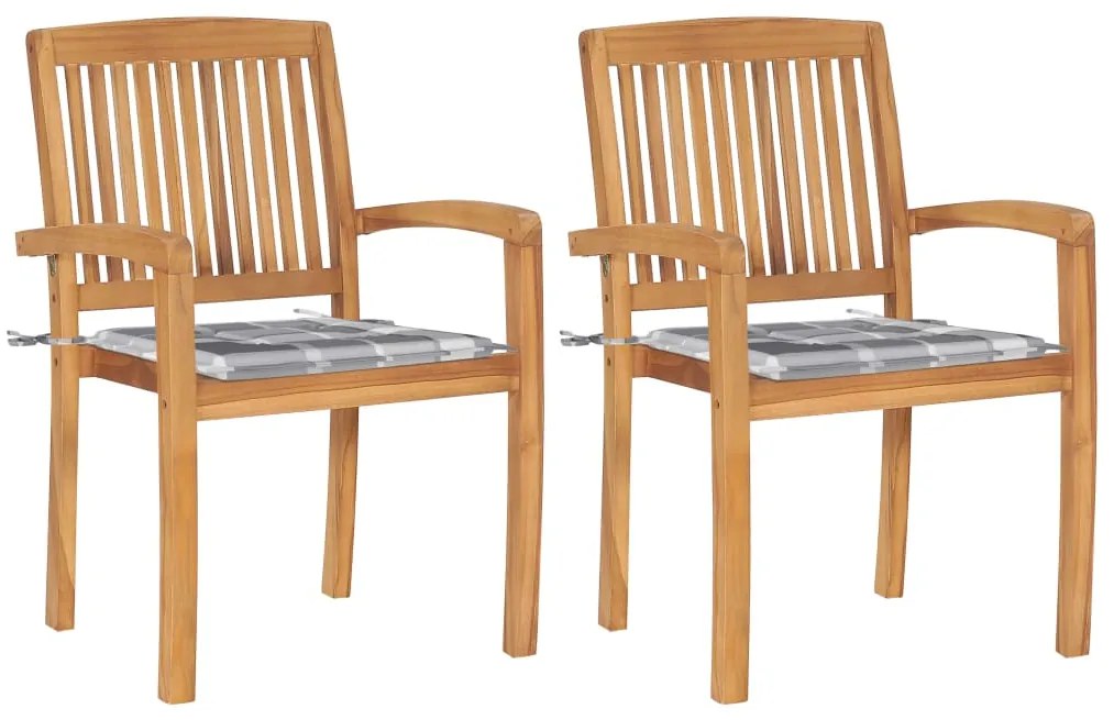vidaXL Cadeiras jardim c/ almofadões xadrez cinzento 2 pcs teca maciça