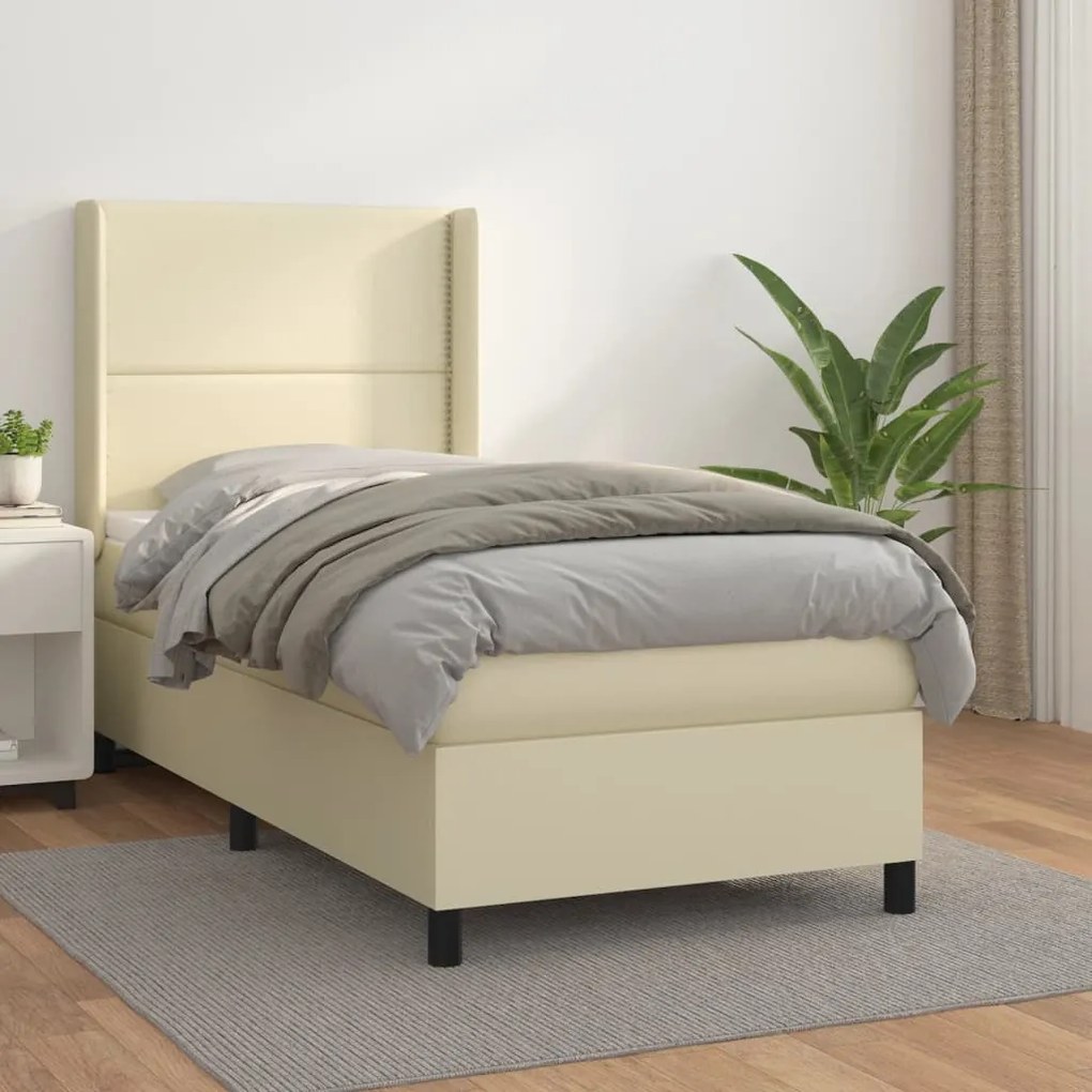 vidaXL Cama com molas/colchão 90x200 cm couro artificial cor creme