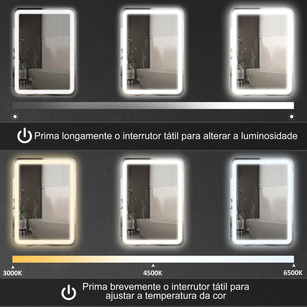 Espelho Casa de Banho com Luzes LED 60x80 cm Função Antiembaciamento 3 Temperaturas de Cor Ajustável e Função de Memória