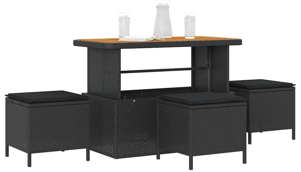 Conjunto de Jantar de 4 Peças com Almofadas Preto em Rattan de Polipro