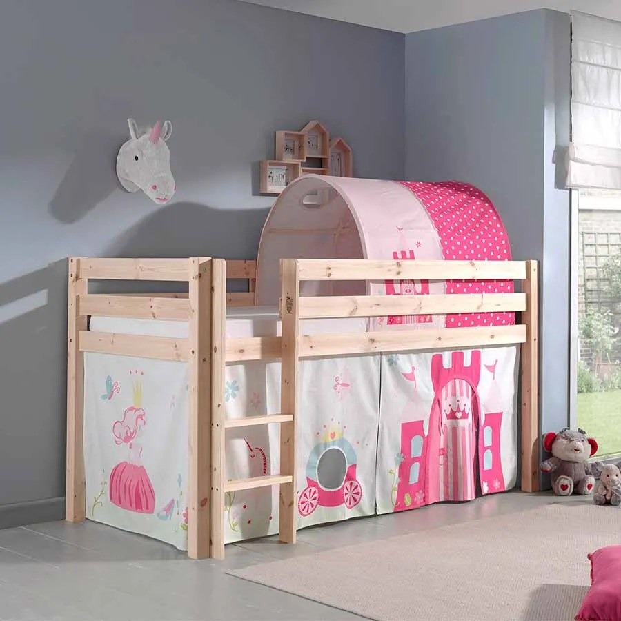 Conjunto Cama alta de Criança PINO 90 x 200 cm + estrado + escada + cortina + túnel Princesa Natural