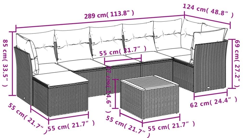 8 pcs conjunto de sofás p/ jardim com almofadões vime PE bege