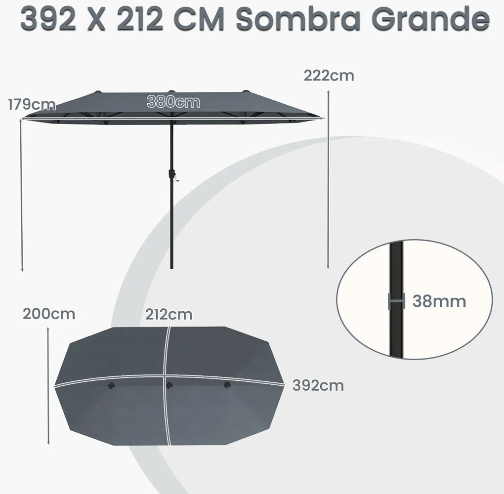 Guarda-sol de 392 cm com dupla face, grande, tamanho duplo, com manivela e 12 varas resistentes para jardim Cinzento