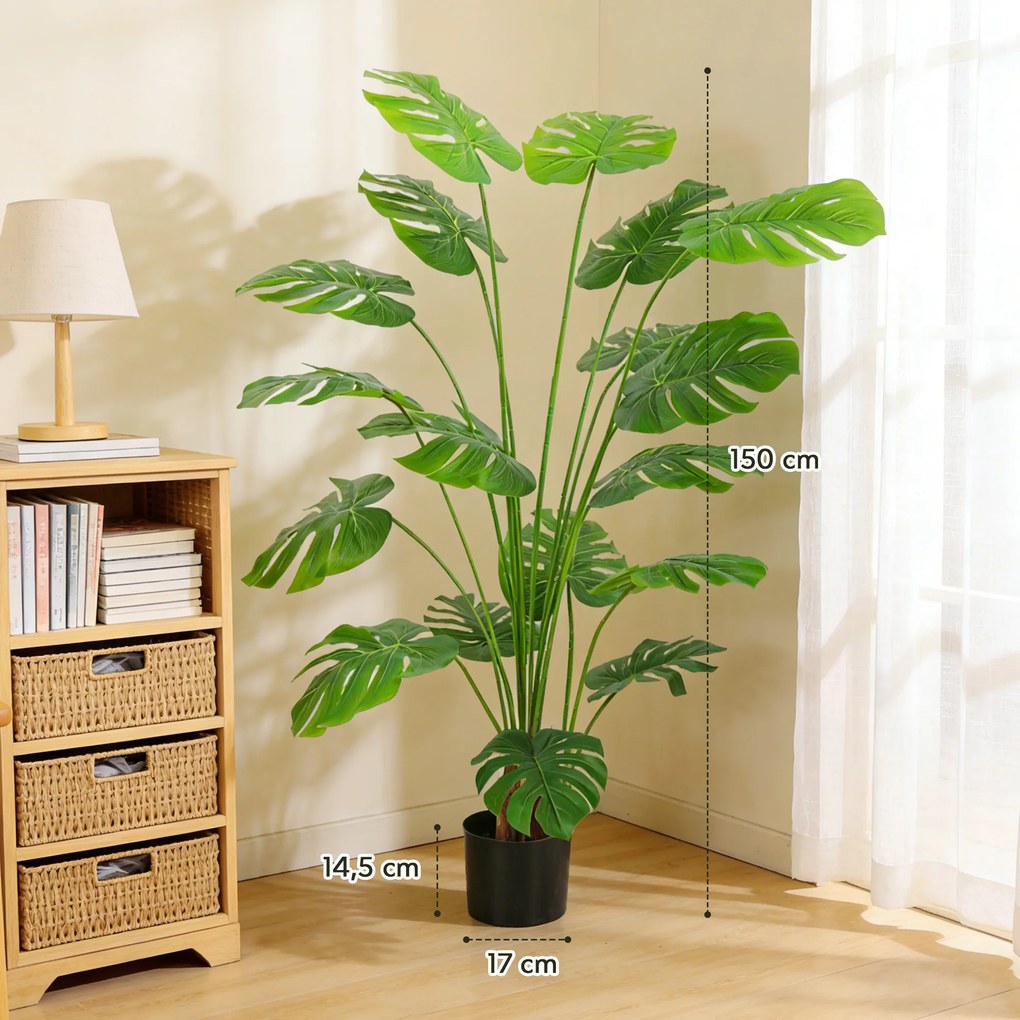 Planta artificial altura de 150 cm, árvore artificial de monstera deliciosa com vaso incluído, para interior, verde