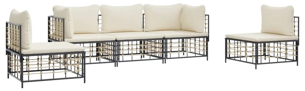 5 pcs conjunto lounge de jardim c/ almofadões vime PE antracite
