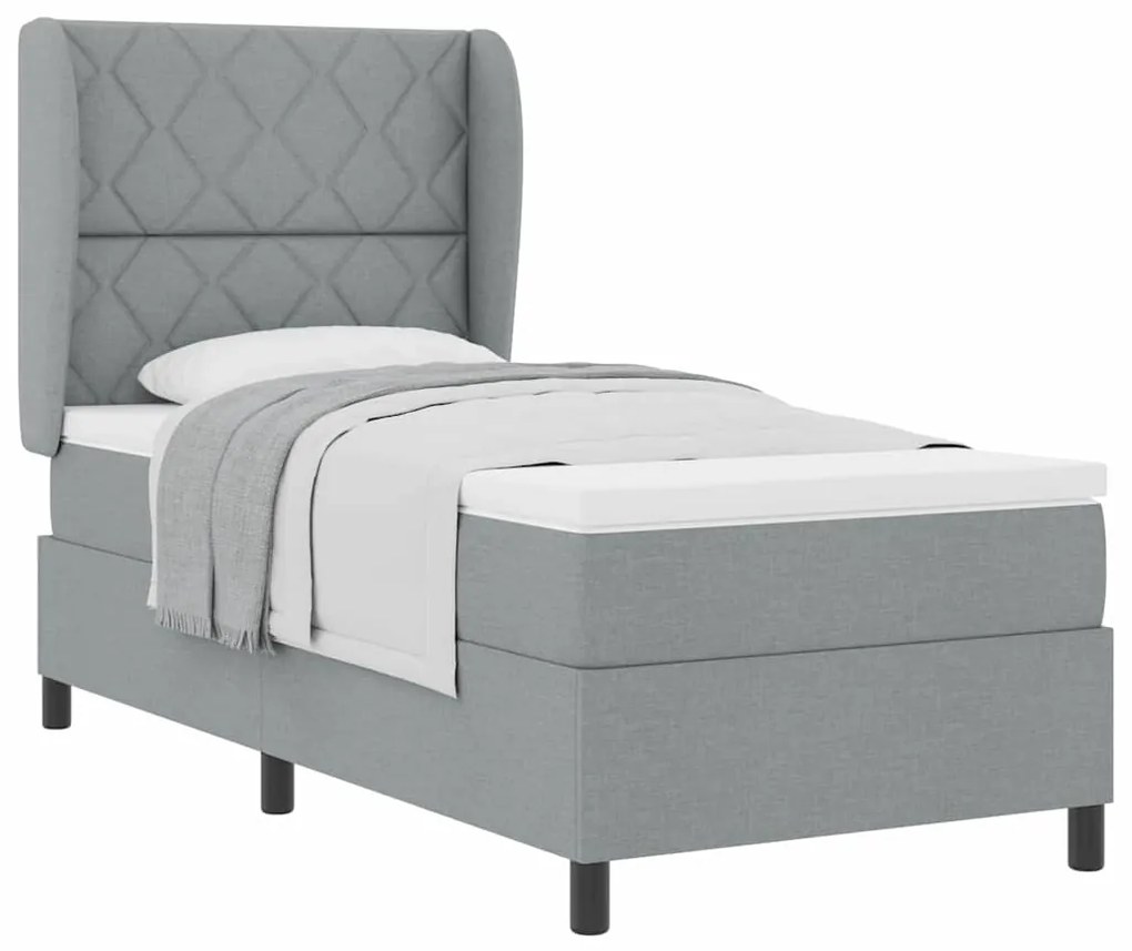 Cama Box com Colchão Cinza Claro, 90x190 cm, em Tecido