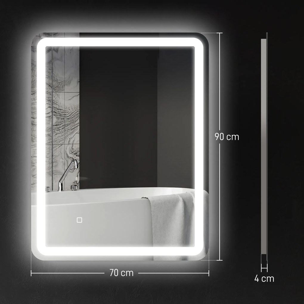 Espelho Casa de Banho com Luzes LED 70x90 cm Função Antiembaciamento 3 Temperaturas de Cor Ajustável e Função de Memória Prata