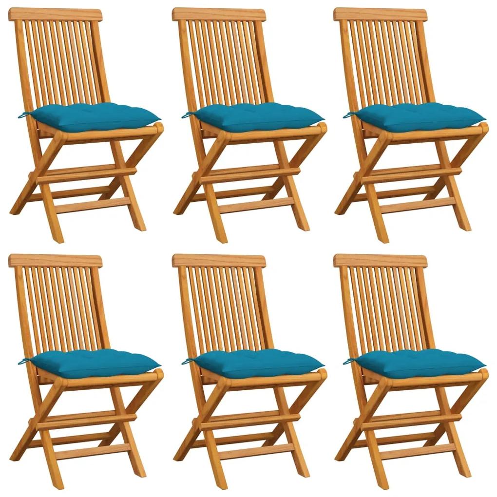 3065609 vidaXL Cadeiras de jardim c/ almofadões azul-claro 6 pcs teca maciça