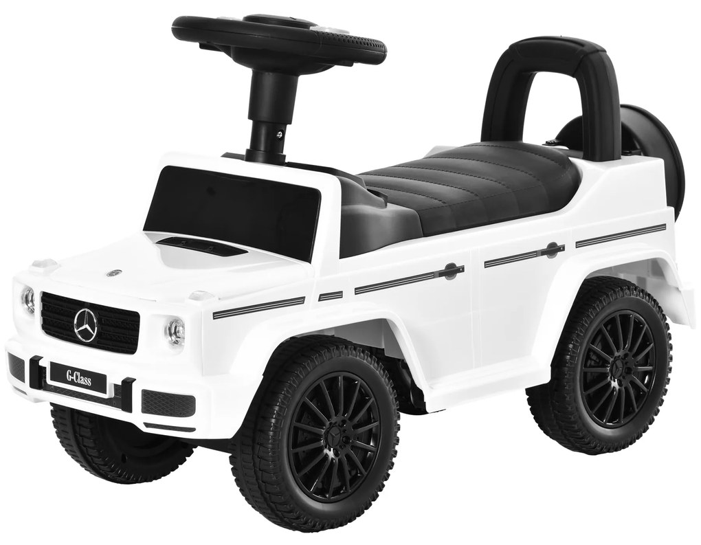 HOMCOM Carro Andador para Bebés com Licença Mercedes G350 com Compartimento de Arrumação e Volante Carga 25 kg 62,5x28,5x45 cm Branco | Aosom Portugal