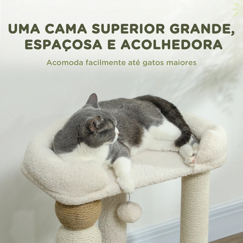 Arranhador para Gatos com Estofado em Borrego Plataformas Bola Suspensa e Poste de Juta 48,5x40x76 cm Bege