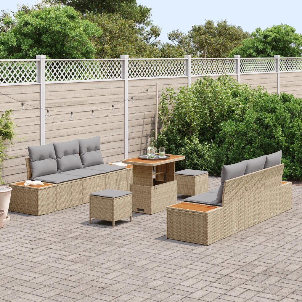 Conjunto de Sofá de Jardim de 9 Peças com Almofadas Bege de Polyrattan