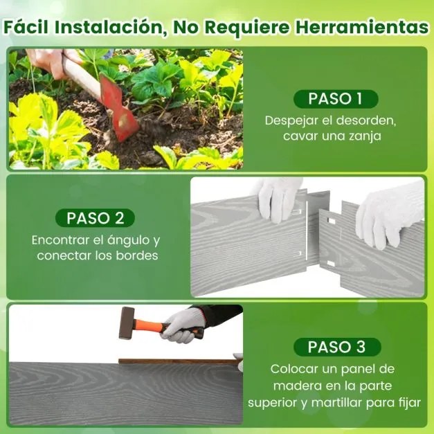 Conjunto de 6 peças 110 x 20 cm, de borda de jardim em metal galvanizado, canteiros, caminho, pátio, prateado