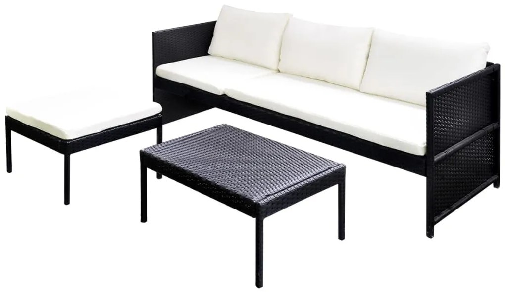 3 pcs conjunto lounge para jardim c/ almofadões vime PE preto