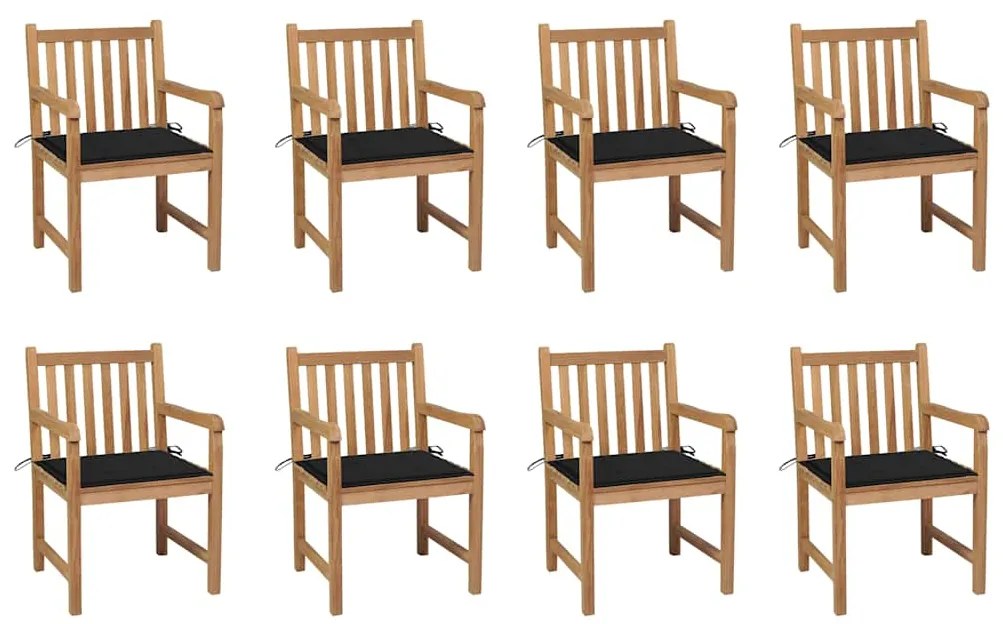 vidaXL Cadeiras de jardim c/ almofadões preto 8 pcs teca maciça