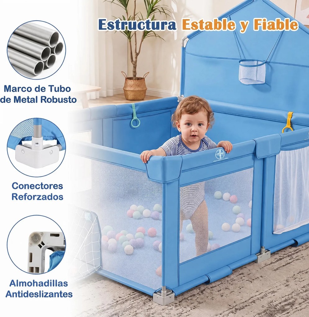 Parque Infantil Dobrável, 223 x 150 x 163 cm, com 50 Bolas e Jogos Multidesportivos, Azul