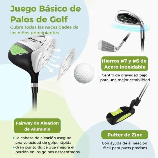 Conjunto de Tacos de Golfe para Crianças dos 8 aos 10 Anos Inclui Saco de Apoio com Capuz para Chuva Nº 1 Driver Nº 1 Irons e Nº 7 Putter#S Verde