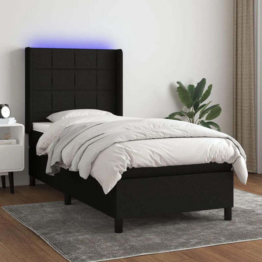 Cama box spring c/ colchão e LED 90x190 cm tecido preto