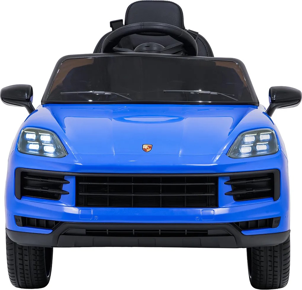 Carro elétrico para Crianças 2 a 5 anos 12V Porsche Cayenne, Rodas de espuma EVA, Controlo Remoto, assento Couro ecológico preto Azul