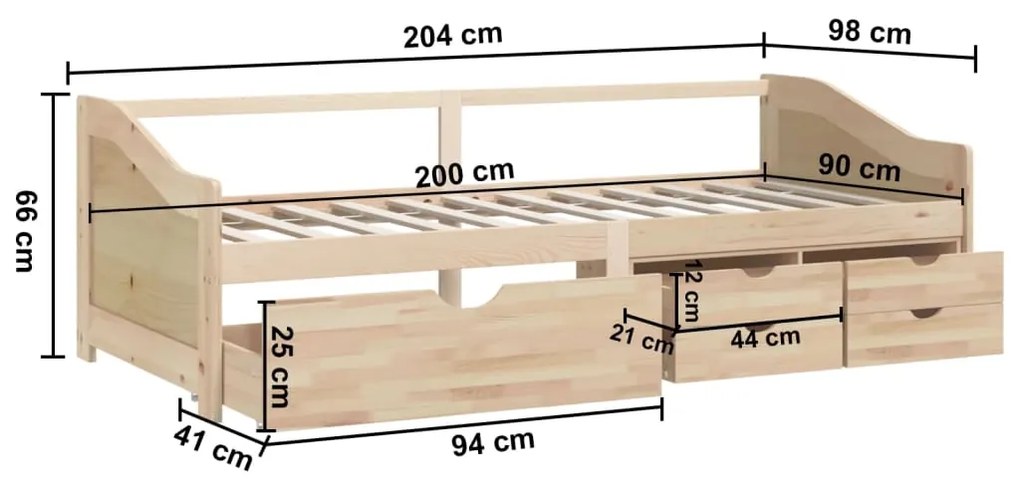 Sofá-cama de 3 lugares com gavetas 90x200 cm pinho maciço
