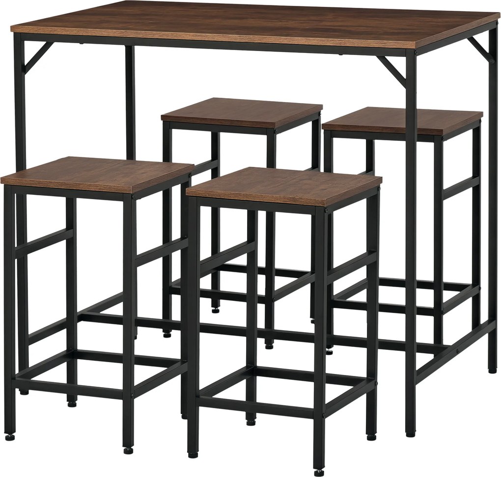 Conjunto de Mesa de Bar com 4 Bancos com Apoio para os Pés Mesa de 100x60x88cm e Bancos de 32x32x57cm Preto e Nogueira
