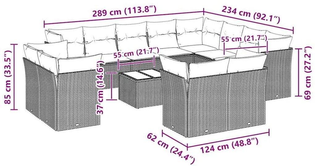 13 pcs conj. sofás jardim c/ almofadões vime PE cinzento-claro