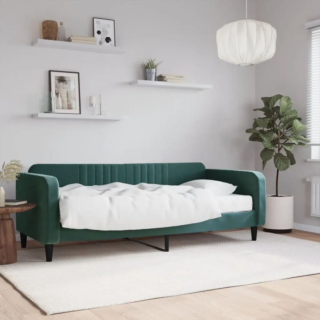 Sofá-cama com colchão 90x200 cm veludo verde-escuro