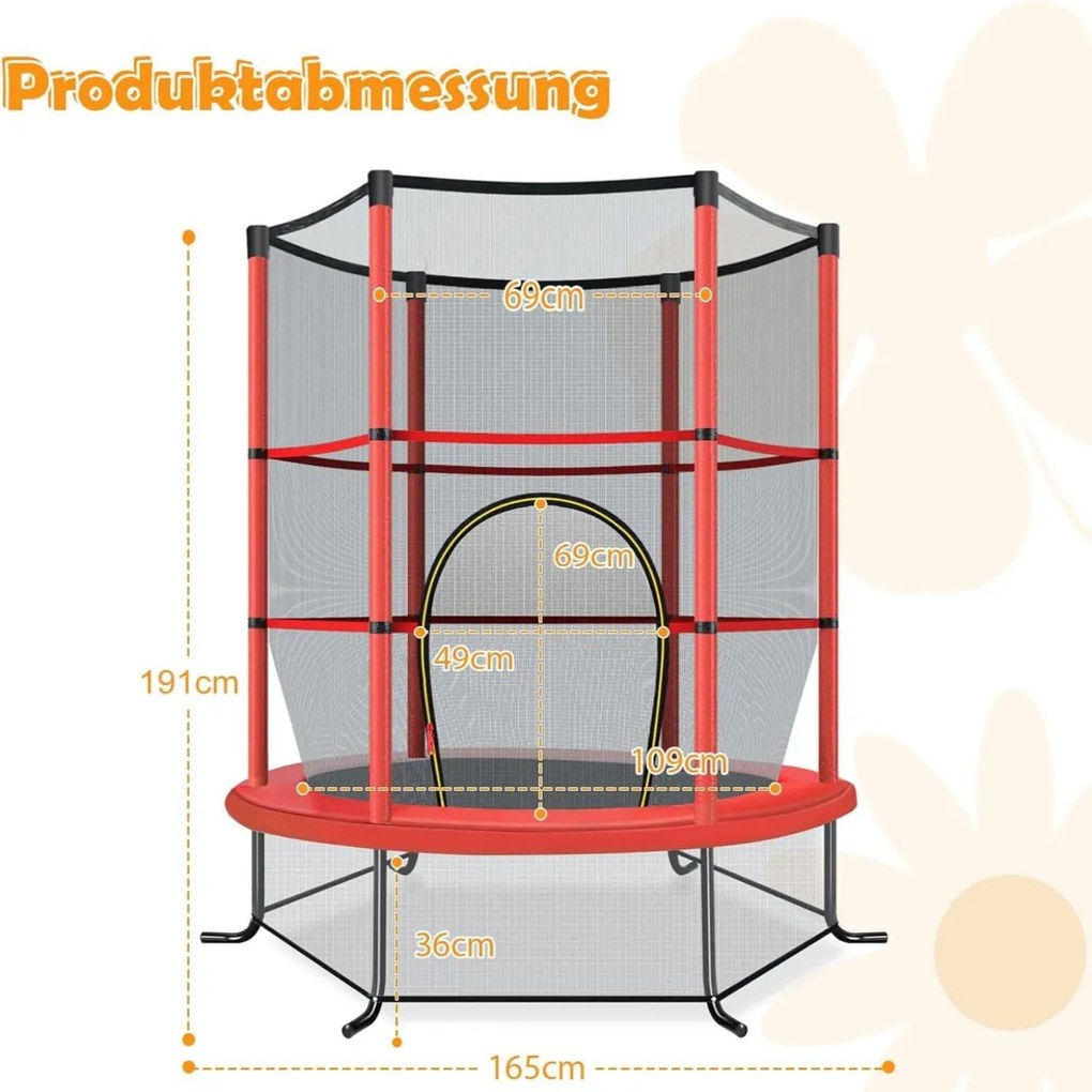 Trampolim para crianças 165 cm com rede de segurança e almofada de mola recreativa Estrutura em aço Vermelho