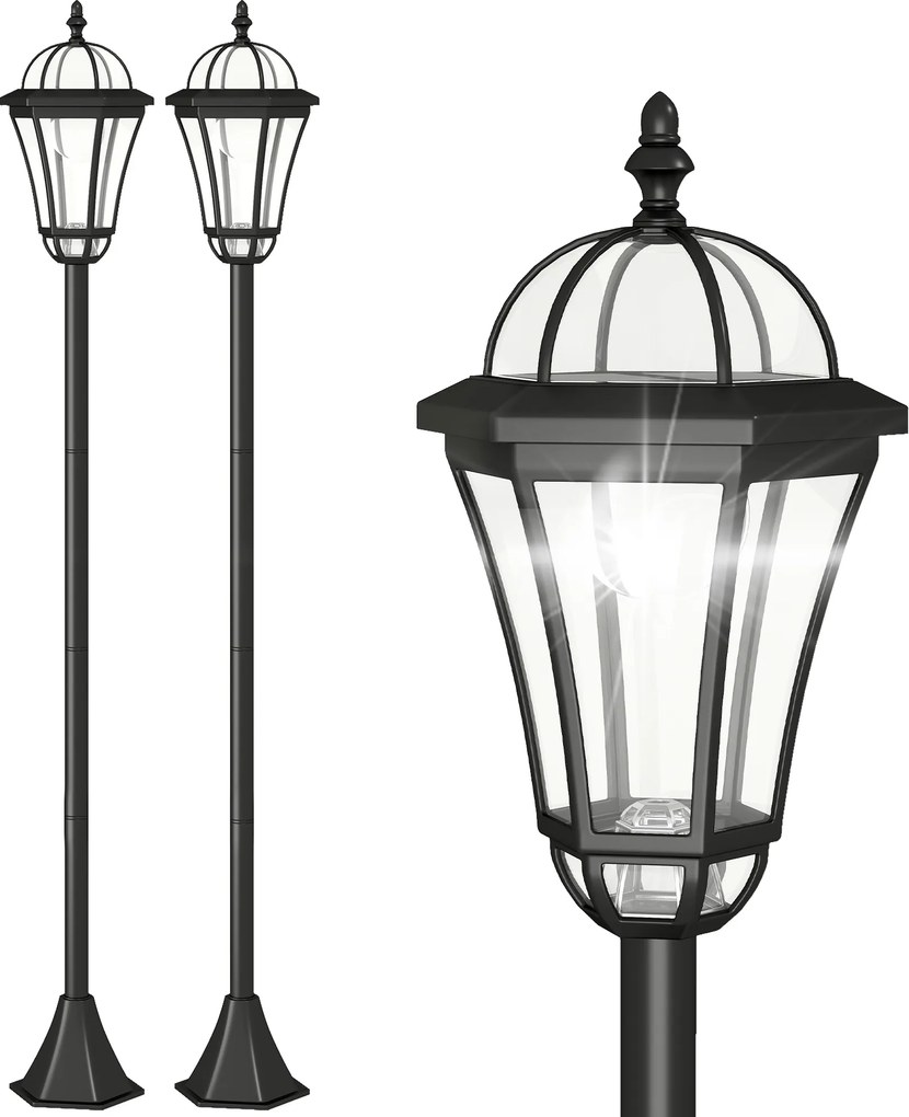 Outsunny Conjunto de Candeeiros Solares de Jardim com Luzes LED Branca 3500K Impermeável IP44 Sensor de Noite 18,5x18,5x129cm Preto | Aosom Portugal