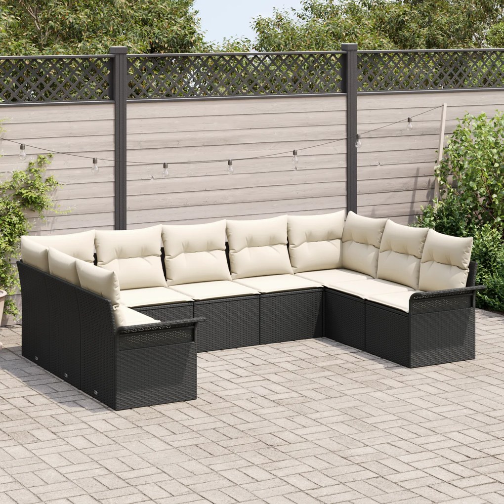 Conjunto de Sofá de Jardim com 9 Peças e Almofadas Preto em Vime de Po