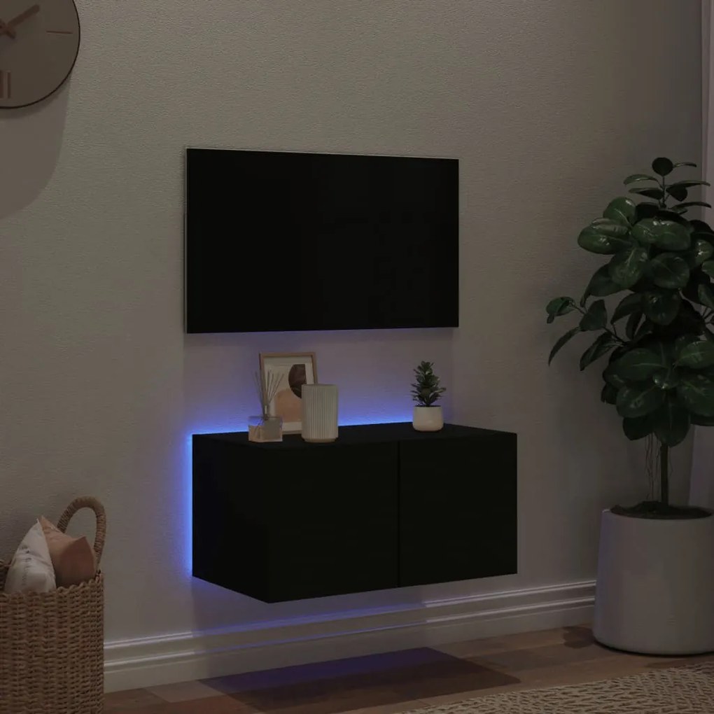 Móvel de parede para TV com luzes LED 60x35x31 cm preto