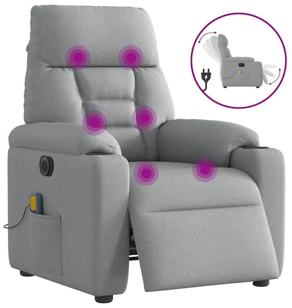 vidaXL Poltrona de massagens reclinável elétrica tecido cinzento-claro