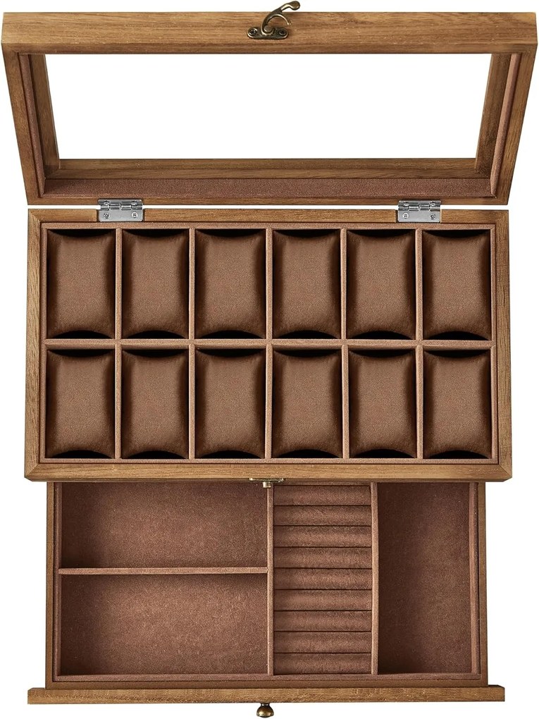 Caixa organizadora de relógios com 12 compartimentos e tampa de vidro | SONGMICS | 34 x 19 x 12.5 cm | JOW012K01.