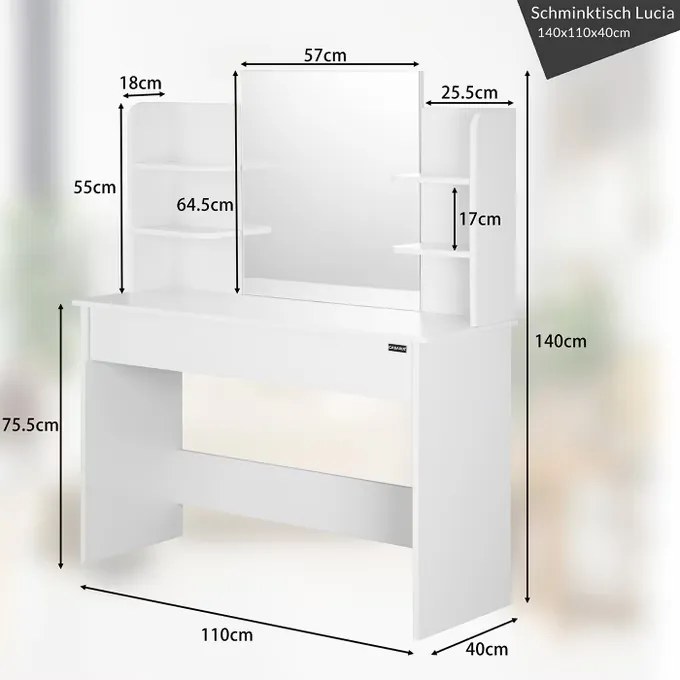 Toucador Lucia 140x110x40cm Luz Led na Gaveta branco