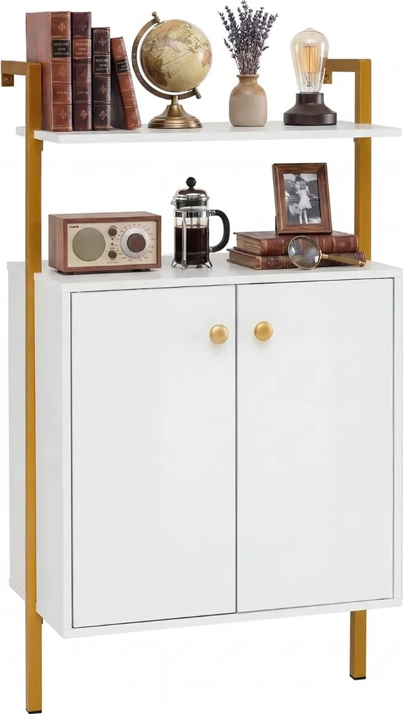 Estante de parede de 4 prateleiras com portas 53 x 29,5 x 96 cm e puxadores dourados para sala, quarto ou escritório Branco + Dourado